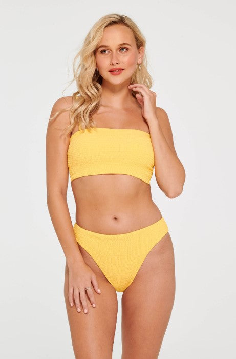 Yellow Smocked High-Waist Bikini Bottom